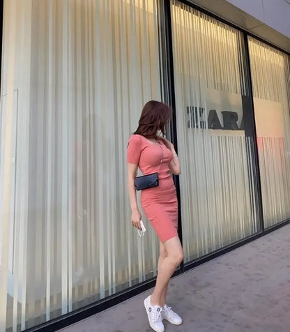 Vestido Knit Slim Mujer Verano 2023 Moda coreana, cuello en V, seda fría, color sólido, efecto moldeador.